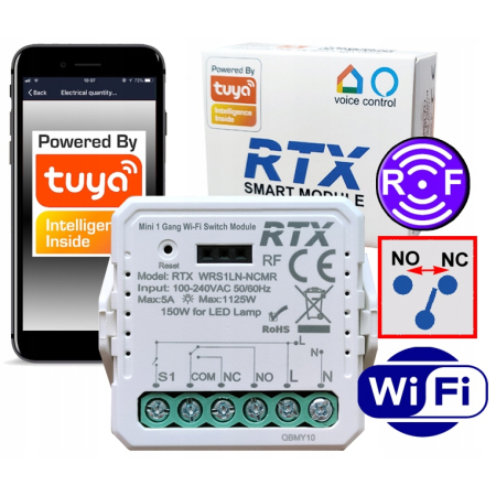RTX Moduł BEZNAPIĘCIOWY NC NO MINI Przekaźnik Sterownik TUYA WiFi + RF