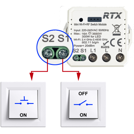 RTX Moduł TUYA WiFi Sterownik przekaźnik dopuszkowy 16A MINI opcja RF